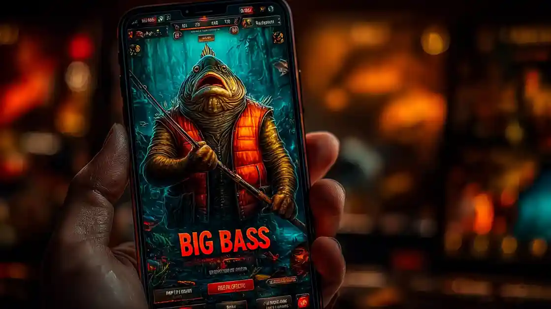 A close-up of a hand holding a smartphone showcasing a BIG BASS fishing game, featuring an anthropomorphic fish character, highlighting the engaging casual games on cv444.