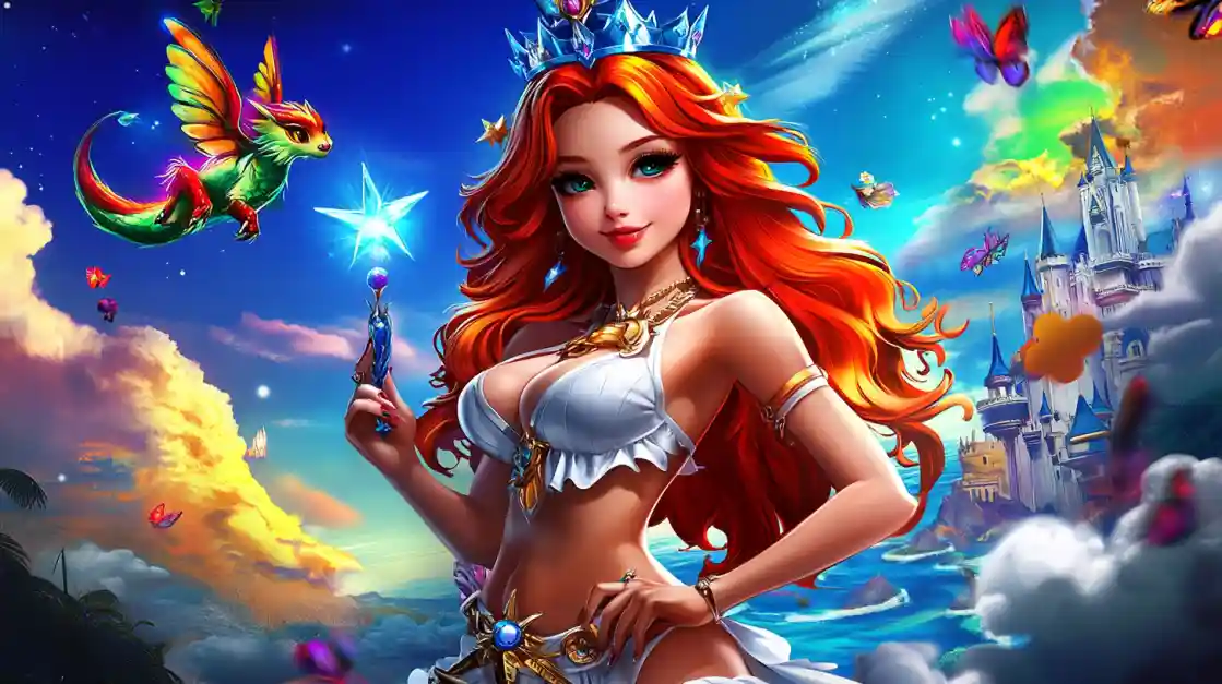 A vibrant fantasy scene featuring a beautiful princess with fiery red hair and a crown, holding a magic wand, with a small winged dragon and a fairytale castle in the background, embodying the magical world of cv444.