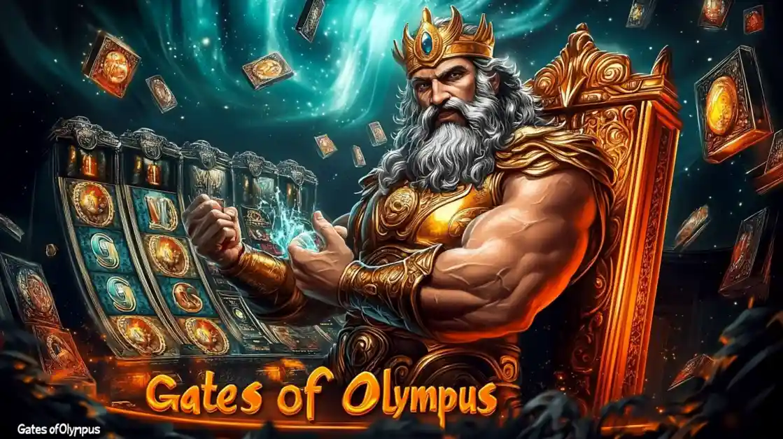 A majestic Zeus figure on a golden throne, surrounded by floating cards and a cv444 slot machine, with Gates of Olympus prominently displayed, inviting players to a mythical gaming experience.