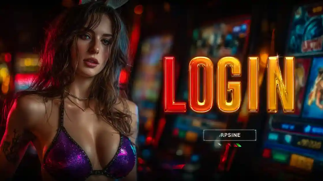 A captivating woman in a shimmering top stands beside a prominent LOGIN interface, with cv444 slot machines softly blurred in the background, inviting users to enter the world of cv444.