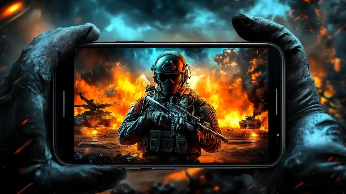 Hands holding a smartphone displaying an intense military shooter game with a soldier amidst explosions and tanks, showcasing the immersive action available on cv444.