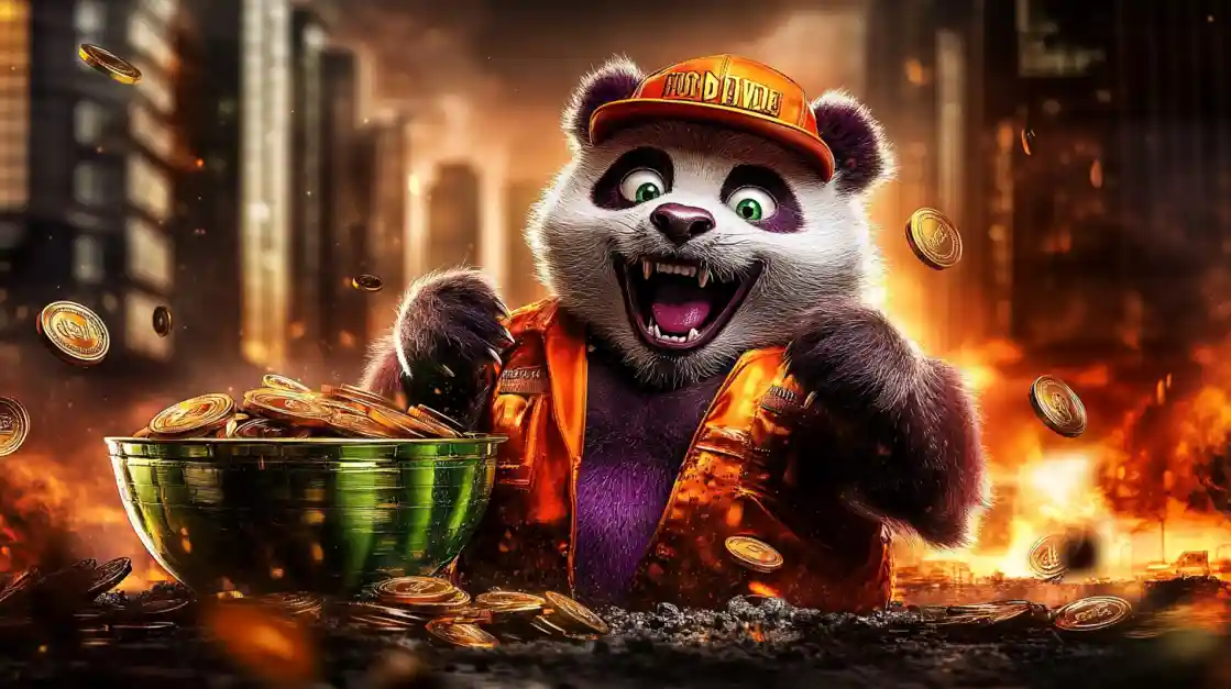 A cheerful panda character wearing an orange cap and jacket, surrounded by golden coins and a bowl of money, symbolizing wealth and good fortune with cv444.