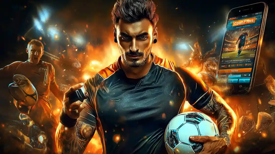 An intense male soccer player with tattoos holds a football, looking confidently at the camera with a cv444 sports betting app on a phone beside him, all set against a fiery action background.