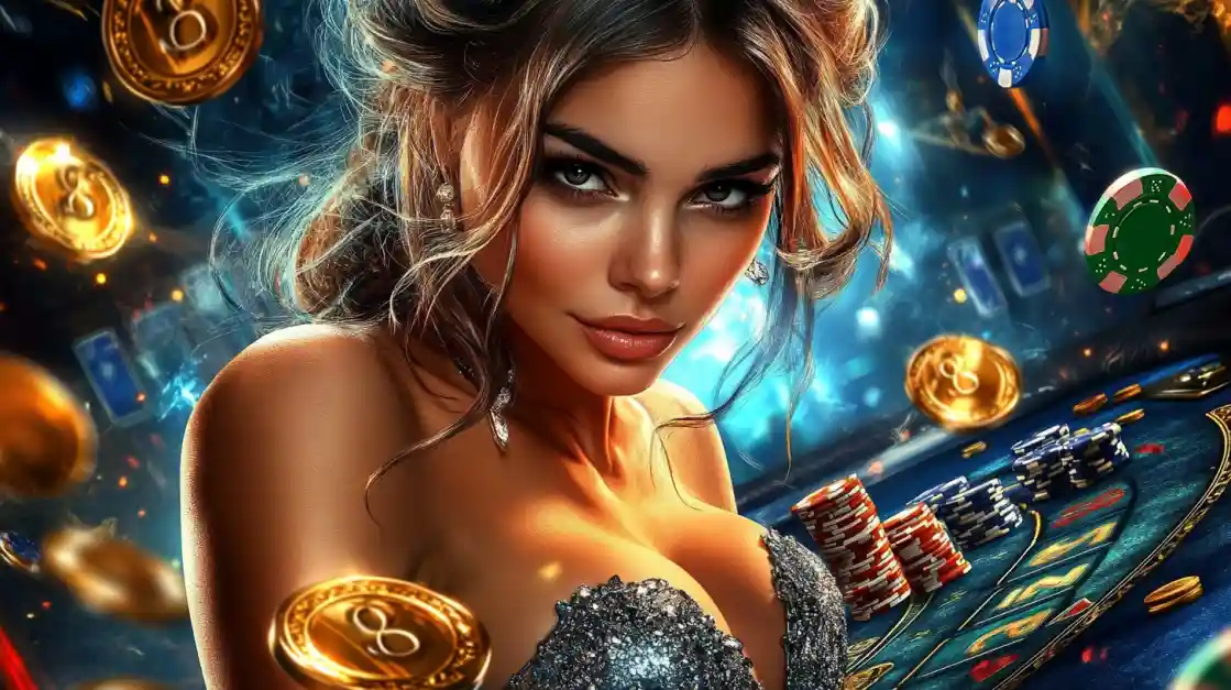 A beautiful woman in a glittering dress gives a captivating look while at a cv444 casino table, surrounded by floating gold coins, casino chips, and a roulette wheel.