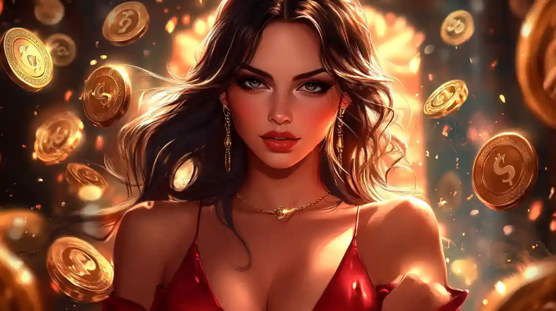 A stunning woman in a red dress, adorned with delicate jewelry, looks directly at the viewer as a shower of golden cv444 coins rains down around her, symbolizing big wins.