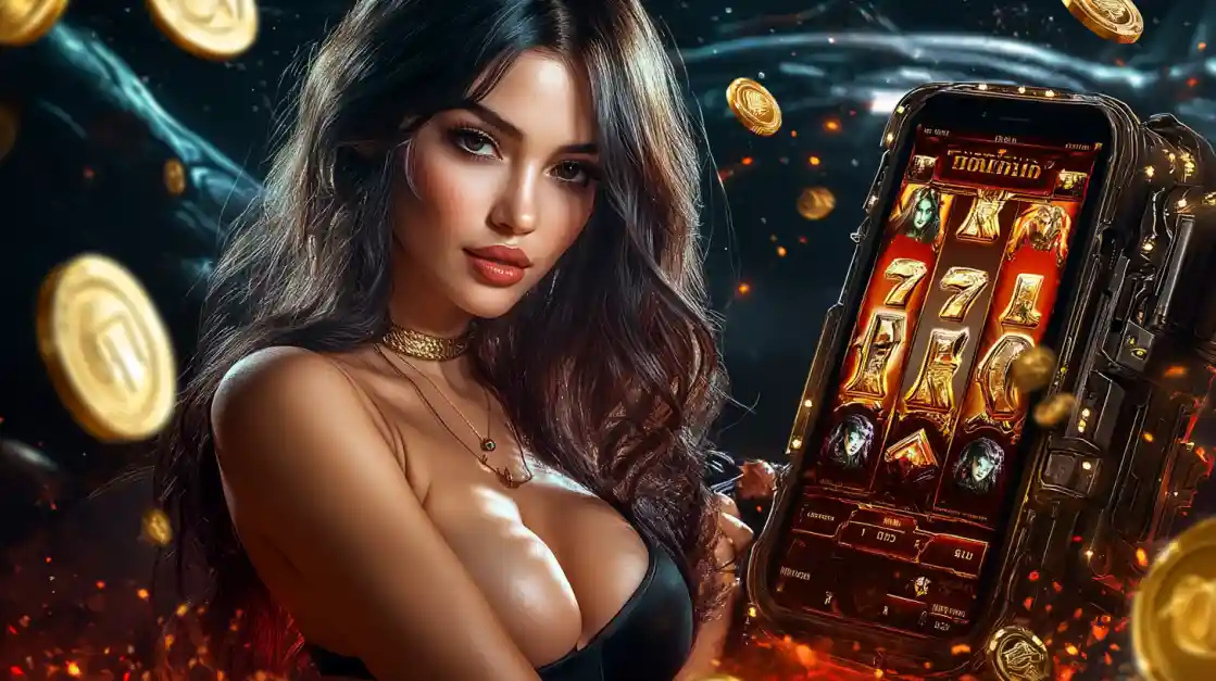 A beautiful woman in a black top looks confidently at the viewer while holding a smartphone displaying a cv444 mobile slot game with 777 symbols and golden coins.