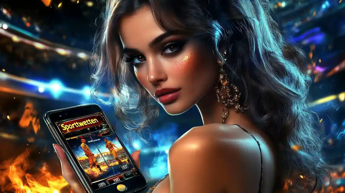 A glamorous woman with elegant makeup looks over her shoulder, holding a smartphone displaying the cv444 sports betting app against a vibrant stadium backdrop with fire effects.